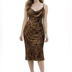 Vintage LaBelle Slip Dress Velvet Brown Paisley Cowl Neck Midi Evening Size S